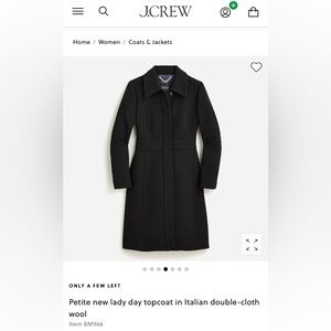 NWOT J. Crew Petite Lady Day Topcoat in Italian Wool, color black, size 4P